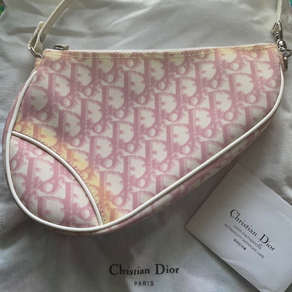 Christian Dior Pink & White Canvas Mini Saddle Bag